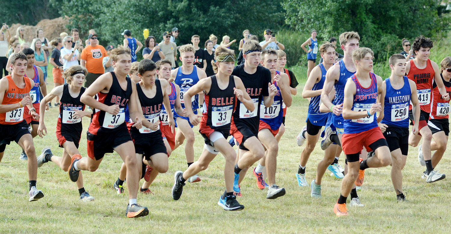 Belle’s Tigers take off from the starting line during the varsity boys race at the Vienna Black and Gold Cross Country Invitational held last Wednesday at Vienna City Park.
